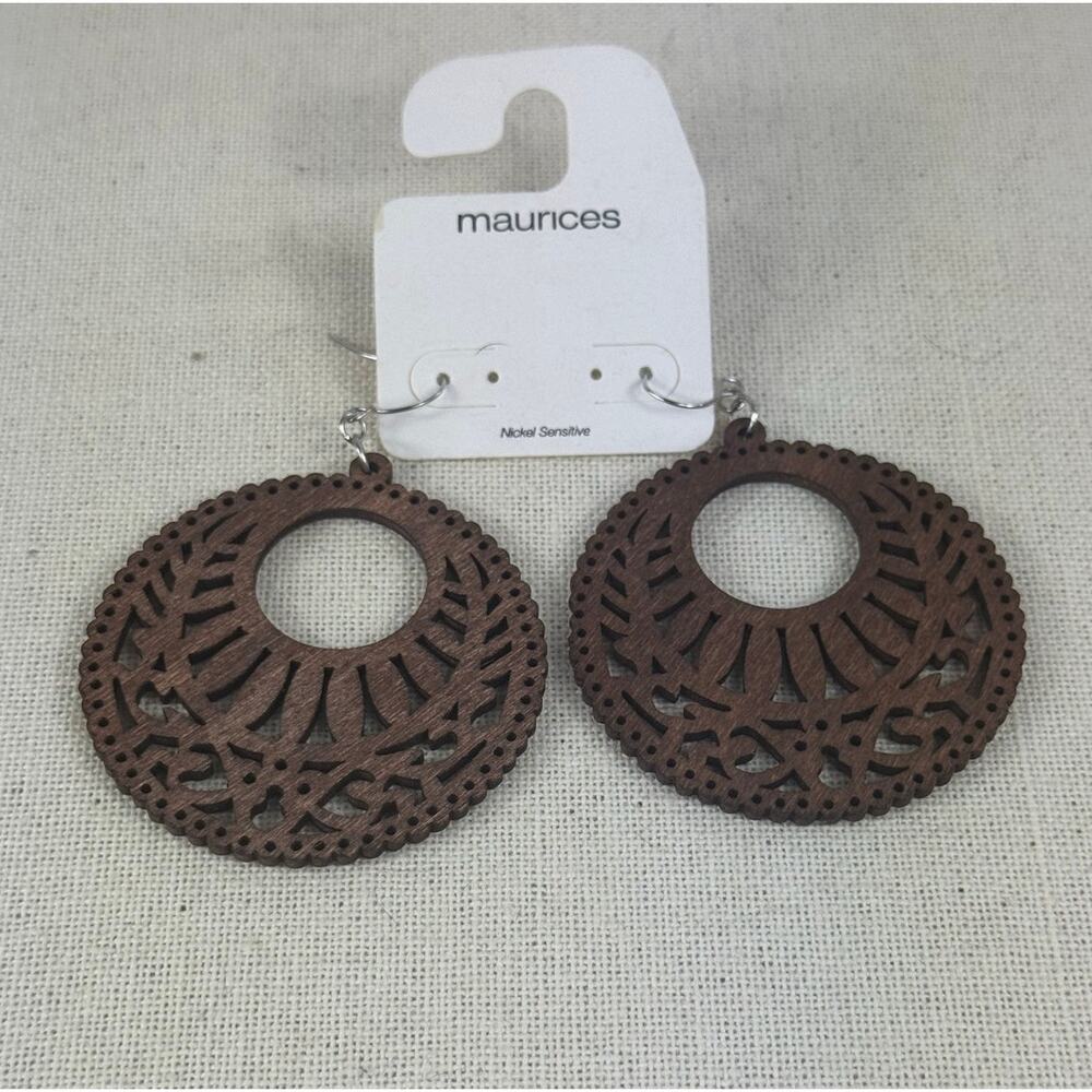 NWT Maurices round, wood laser cut earrings 2 1/4"
